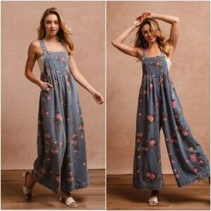 Bibi Floral Print Dark Wash Pockets Wide leg Denim Bib jumpsuit